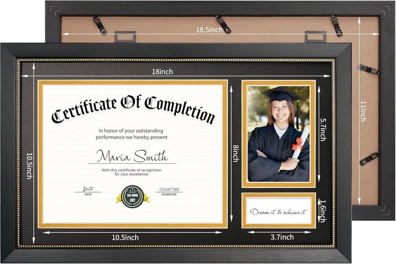 GiftMust 11x18.5 Graduate Frame for 8.5x11 Certificate Document, Display One 8.5x11 Diploma and One 4x6 Graduate photo, Real Glass, Black Frame with Black Over Gold Double Mats - Image 5